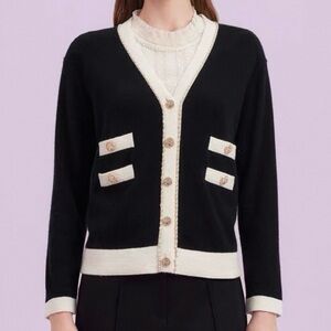 La Koradior Black Cashmere & Wool Cardigan with Flower Button and Pearl Details
